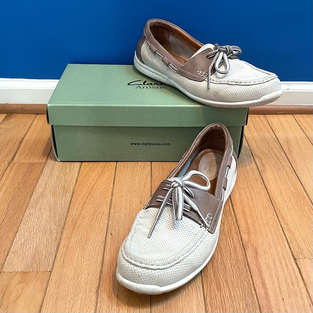Clarks Cliffrose Sail Slip On Boat Shoes 10 Brown Leather Cream Fabric